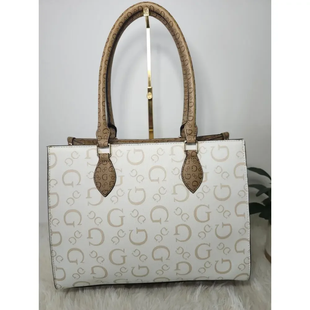 Guess Tote Bag Women's Cream Brown Gold Tone Preppy Classic Monogram Logo